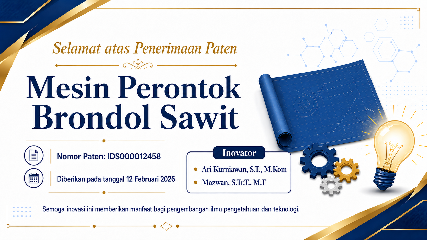 Selamat atas Penerimaan Paten: Mesin Perontok Brondol Sawit