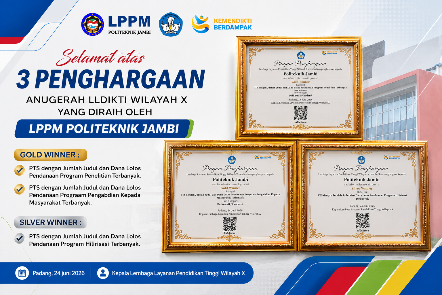 Politeknik Jambi Raih Tiga Penghargaan Bergengsi pada Anugerah LLDIKTI Wilayah X Tahun 2026
