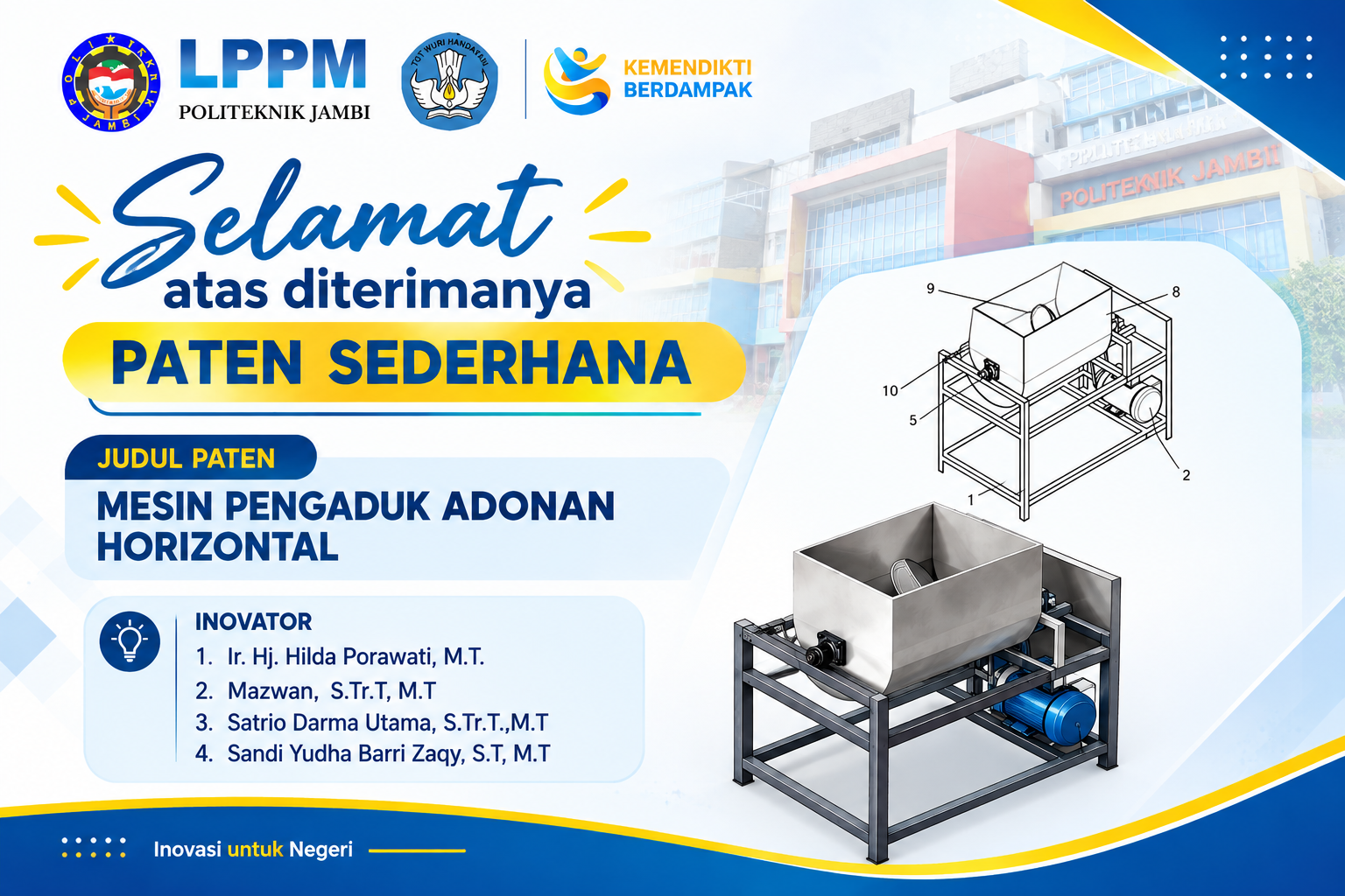 Dosen Politeknik Jambi Raih Paten Sederhana untuk Inovasi Mesin Pengaduk Adonan Horizontal