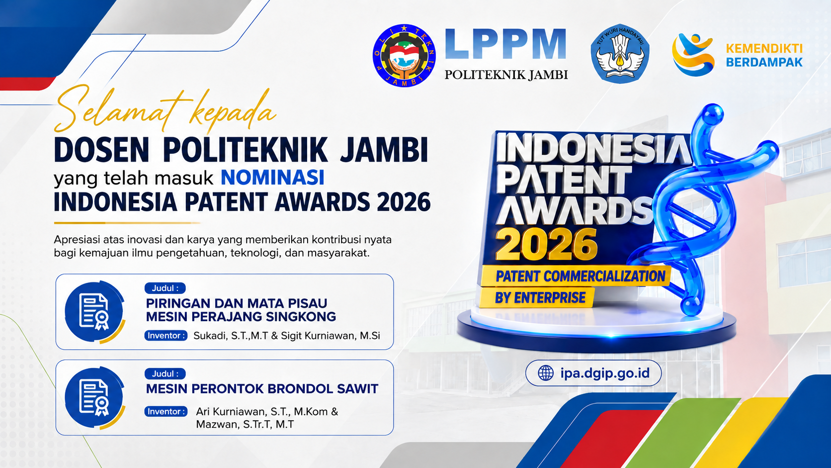 Dosen Politeknik Jambi Masuk Nominasi Indonesia Patent Awards 2026